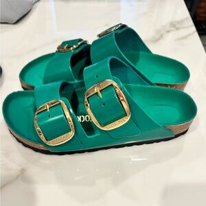 Birkenstock Green Sandals with Gold Buckles